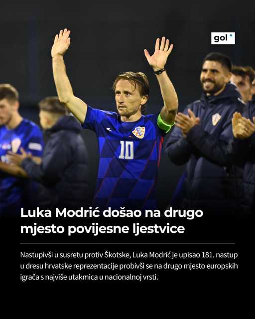 Modrić je do sada dijelio drugo mjesto sa svojim bivšim suigračem iz Real Madrida, Španjolcem Sergiom Ramosom s po 180 nastupa. Međutim, večerašnjim 181. nastupom u hrvatskom dresu, probio se na drugo mjesto vječne ljestvice europskih igrača. Na vrhu ostaje Cristiano Ronaldo s 214 nastupa u dresu Portugala.

Bravo kapetane! ❤🇭🇷

📸: Ronald Gorsic/CROPIX