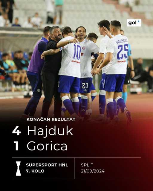 KRAJ! Hajduk je pobijedio Goricu 4:1, još će se dugo pričati o golovime Brune Durdova 👏 Vaš komentar na utakmicu? 

Više o utakmici > https://bit.ly/3TDO4Wq